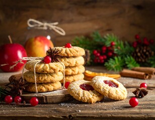 Festive holiday cookie arrangement with fruit, spices, and greenery