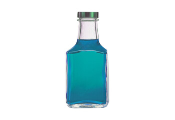 Clear glass bottle with blue liquid isolated on transparent background