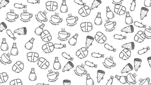Seamless hand-drawn food pattern animation featuring doodle snacks, drinks, and sweets. Perfect for backgrounds, food branding, cafe promo, packaging, social media, and playful design projects.