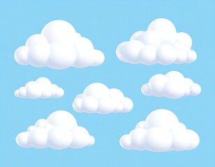Seven fluffy, white 3D clouds float in a clear, light-blue sky