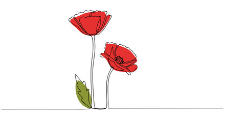 Continuous one line art drawing of two red poppies in bloom, simple and elegant floral design