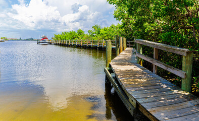 Wooden Fishing Pier on Roberts Bay, Venice, Florida, USA