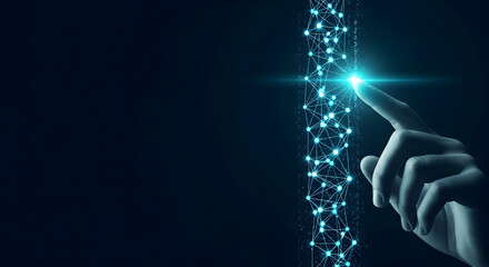 Touching a digital column of light: fingertip interacting with vertical data stream — futuristic interface, touch control and digital connection stock photo

