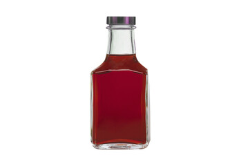 Clear glass bottle filled with dark red liquid isolated on transparent background