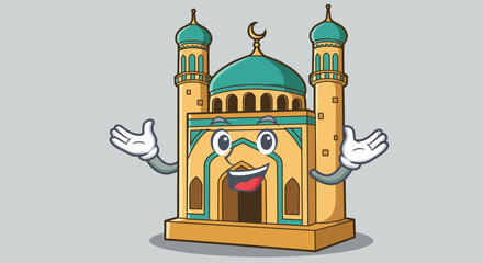 Obraz premium Cartoon Mosque with Welcoming Arms and Smiling Face.