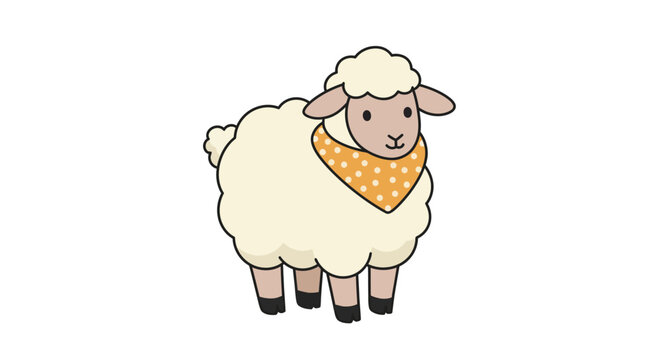 Cute Cartoon Sheep with Orange Bandana Standing.