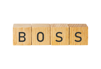 Wooden blocks spell out the word boss isolated on transparent background