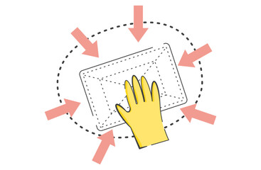 汚物の処理作業で外側から内側に向かって雑巾で拭き掃除をしている手元のイラスト