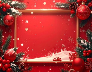 Festive holiday frame with ornaments, snow, and greenery