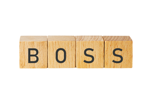 Wooden blocks spell out the word boss isolated on transparent background