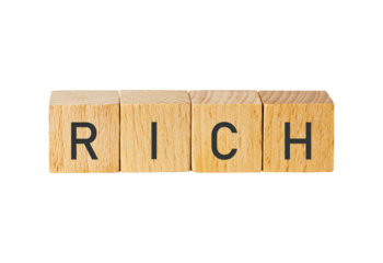 Wooden blocks spelling rich isolated on transparent background