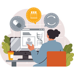 Scientist Analyzing Medical Data On Computer Screen Featuring DNA Helix And Pill Icon In Modern...