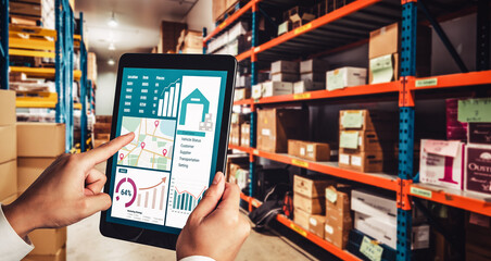 Warehouse management innovative software in computer for real time monitoring of goods package...