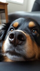 Close-up portrait of a charming dog resting indoors with soulful eyes and soft fur