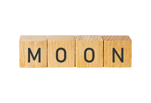 Wooden blocks spelling moon isolated on transparent background