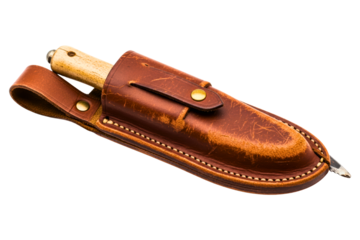 Vintage hunting knife with bone handle in a worn leather sheath isolated on transparent background