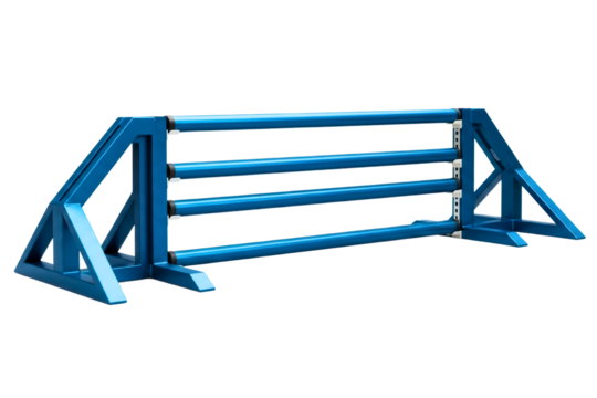 Blue aluminum equestrian show jumping obstacle for horse training isolated on transparent background