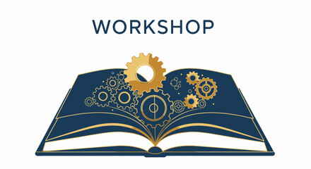 Inspiring workshop invitation with gears and open book illustration for creative learning and collaborative innovation