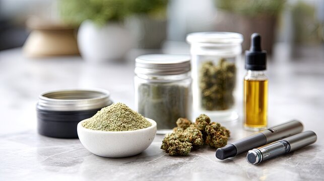 variety of cannabis products on counter, including hashish, kief, concentrate, oil, vape pens, clean professional advertising