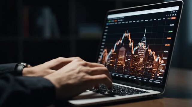 Dynamic Stock Market Analysis: Hands Typing on Laptop with Financial Data Display
