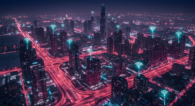 Futuristic Cityscape with Neon Lights and Wi-Fi Symbols.