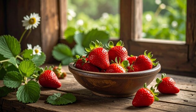 A wooden bowl overflows with ripe, red fruit. Green leaves and white blossoms accent the rustic scene, bathed in natural light