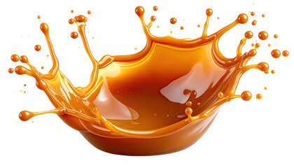 Amber liquid crown splash, droplets, against a black background