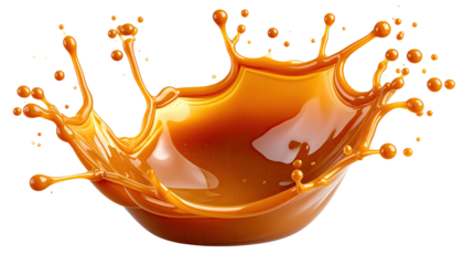 Amber liquid crown splash, droplets, against a black background