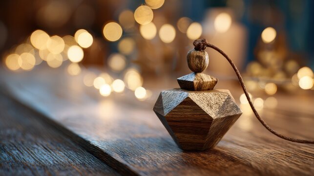 Wooden dowsing pendulum resting on rustic table with bokeh