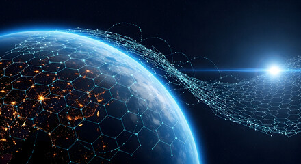 Global digital connectivity: illuminated Earth with flowing data network and hexagonal nodes — telecommunications, IoT and cybersecurity concept stock photo

