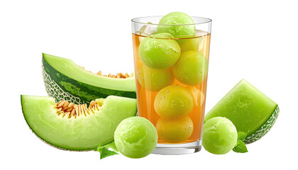 Melon balls in glass with sliced honeydew, refreshing treat