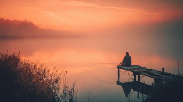 Fisherman sitting on pier fishing during foggy sunrise
