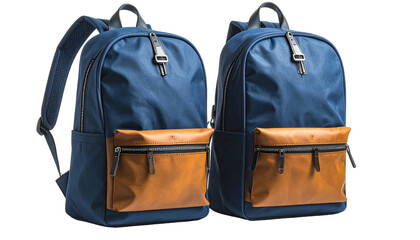 Two blue backpacks with brown pocket. Isolated, modern style
