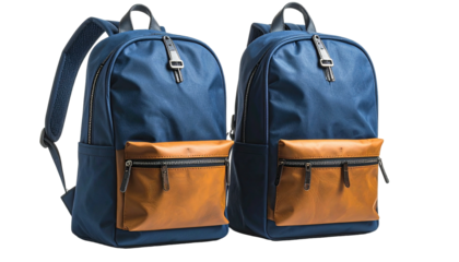 Two blue backpacks with brown pocket. Isolated, modern style