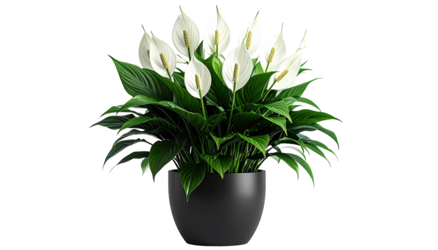 Peace lily with white blooms in a modern dark grey pot