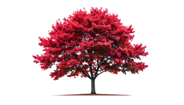 Red-leaved tree, dark trunk, against black background, isolated