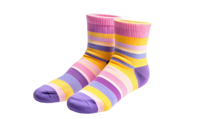 Striped socks, pink, yellow, lavender, isolated on black