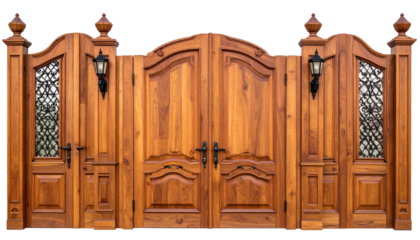 Ornate, wooden gate with curved tops and wrought-iron window detail