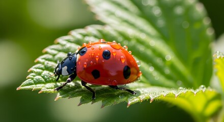 Naklejka premium Ladybug on green leaf with water droplets