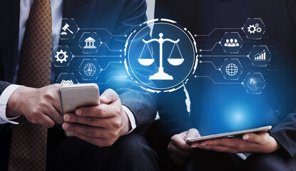 Futuristic digital law interface displaying justice scale, highlighting digital law, AI compliance,...