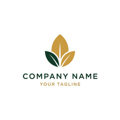 A minimalist logo featuring three stylized leaves in dark green and golden hues, representing nature, growth, and organic products, with placeholder text 'COMPANY NAME' and 'YOUR TAGLINE'.