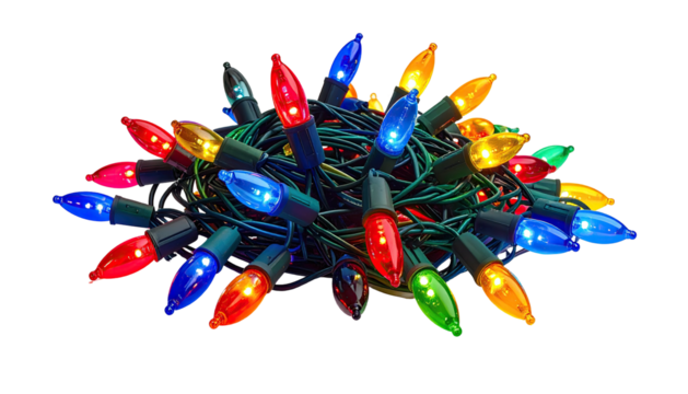 Colorful, tangled Christmas lights are piled together