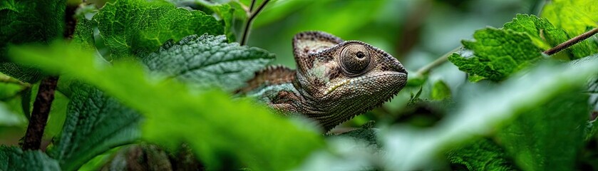 Obraz premium A chameleon blends into lush green foliage, showcasing its unique colors and texture in a vibrant natural setting.