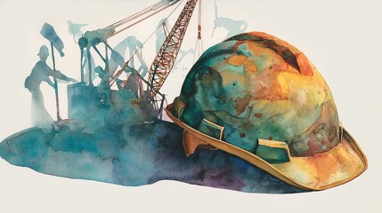 A colorful watercolor image depicting a globe-shaped helmet, symbolizing global construction and labor, with silhouettes of workers and machinery in the background.
