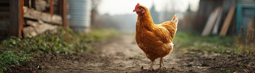 A lone brown chicken walks along a dirt path, surrounded by greenery and rustic structures, in a serene rural setting.