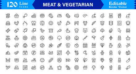 Meat And Vegetarian Food Line Icon Set – Professional, Minimal, Modern, and Editable Collection of Pixel-Perfect Outline Icons