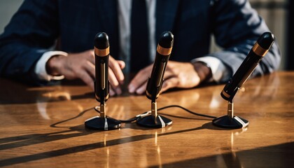 Close-up of conference meeting microphones and businessman.