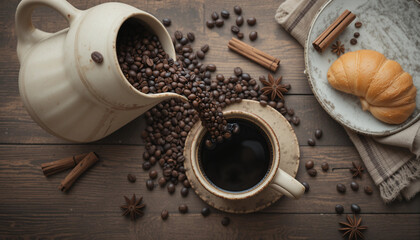 Aromatic Coffee Beans Pouring into a Ceramic Mug