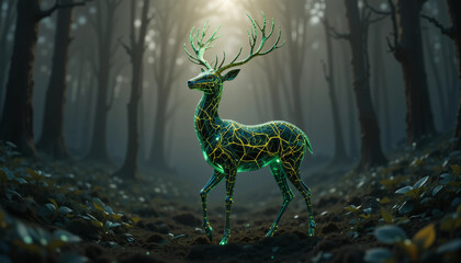 Bioluminescent Digital Deer Standing in a Misty Forest