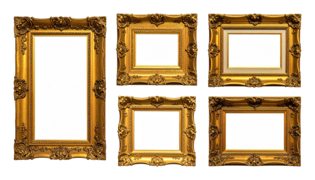 Six ornately gilded, empty picture frames, varying in shape